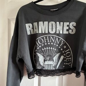 Ramones Graphic Cropped Sweatshirt with Lace Trim